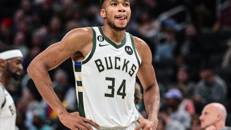 Nov 2, 2022; Milwaukee, Wisconsin, USA;  Milwaukee Bucks forward Giannis Antetokounmpo (34) looks on during a timeout in the second quarter during game against the Detroit Pistons at Fiserv Forum. Mandatory Credit: Benny Sieu-USA TODAY Sports