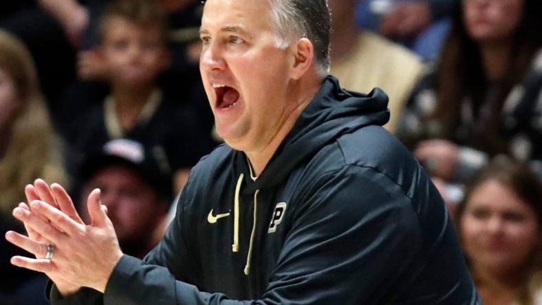 Purdue Boilermakers head coach Matt Painter yells down court during the NCAA men   s basketball exhibition game against the Truman State Bulldogs, Wednesday, Nov. 2, 2022, at Mackey Arena in West Lafayette, Ind.

Purduetrumanstatembb110222 Am28184