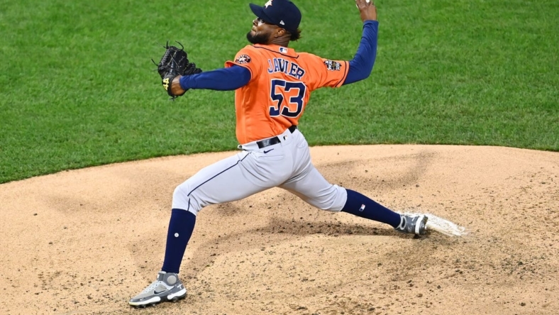 Nov 2, 2022; Philadelphia, Pennsylvania, USA; Houston Astros starting pitcher Cristian Javier (53) pitches against the Philadelphia Phillies during the third inning in game four of the 2022 World Series at Citizens Bank Park. Mandatory Credit: Kyle Ross-USA TODAY Sports