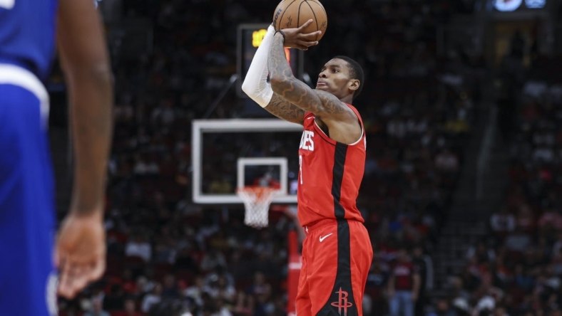 Nov 2, 2022; Houston, Texas, USA; Houston Rockets guard Kevin Porter Jr. (3) shoots the ball during the third quarter against the Los Angeles Clippers at Toyota Center. Mandatory Credit: Troy Taormina-USA TODAY Sports