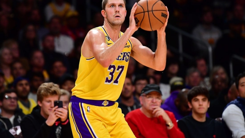 Nov 2, 2022; Los Angeles, California, USA; Los Angeles Lakers forward Matt Ryan (37) shoots against the New Orleans Pelicans during the first half at Crypto.com Arena. Mandatory Credit: Gary A. Vasquez-USA TODAY Sports