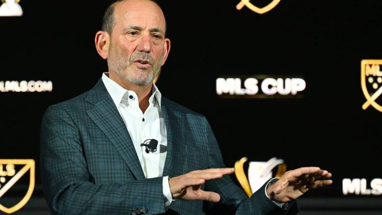 Nov 3, 2022; Los Angeles, California, US;  MLS Commissioner Don Garber delivers his 2022 MLS State of the League Address at the InterContinental Los Angeles Downton. Mandatory Credit: Jayne Kamin-Oncea-USA TODAY Sports