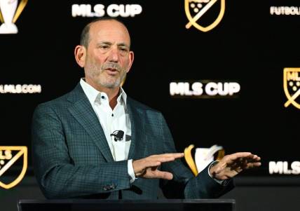 Nov 3, 2022; Los Angeles, California, US;  MLS Commissioner Don Garber delivers his 2022 MLS State of the League Address at the InterContinental Los Angeles Downton. Mandatory Credit: Jayne Kamin-Oncea-USA TODAY Sports
