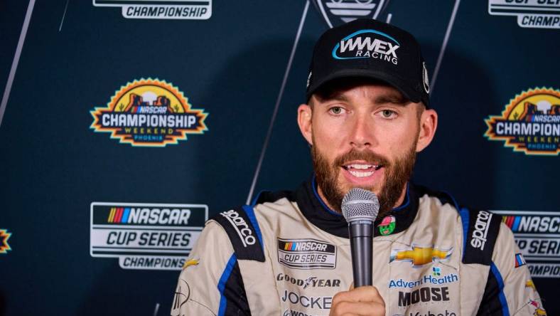 Nov 3, 2022; Phoenix, AZ, USA; Ross Chastain, the driver of the NASCAR Cup Series No. 1 Trackhouse Racing Chevrolet speaks to the media during the NASCAR media day at Phoenix Convention Center on Thursday, Nov. 3, 2022 ahead of the championship races at Phoenix International Raceway. Mandatory Credit: Alex Gould/The Republic

Nascar Nascar Championship Media Day