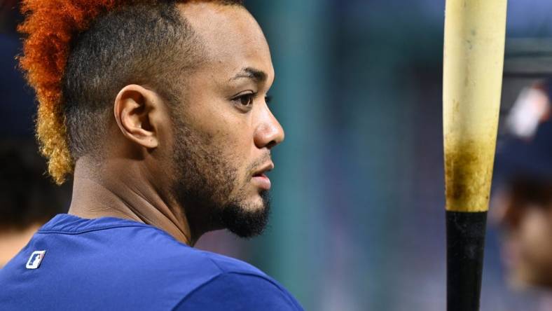 Nov 3, 2022; Philadelphia, Pennsylvania, USA; Houston Astros catcher Martin Maldonado (15) looks on before game five of the 2022 World Series against the Philadelphia Phillies at Citizens Bank Park. Mandatory Credit: Kyle Ross-USA TODAY Sports