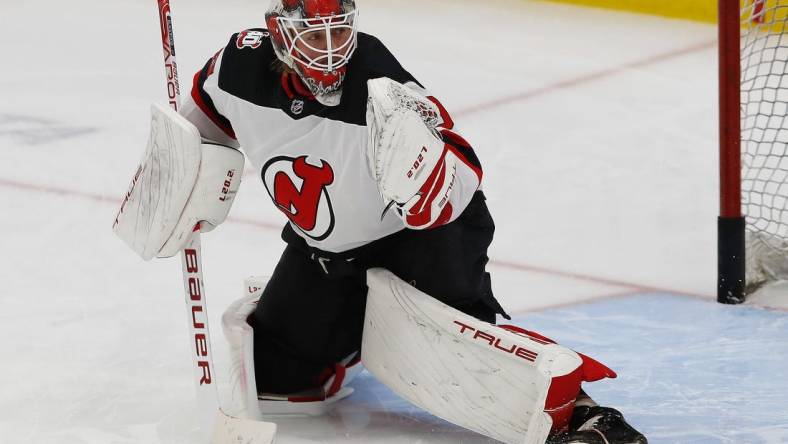 Nov 3, 2022; Edmonton, Alberta, CAN; New Jersey Devils goaltender MacKenzie Blackwood (29) makes a save during warmup against the Edmonton Oilers at Rogers Place. Mandatory Credit: Perry Nelson-USA TODAY Sports