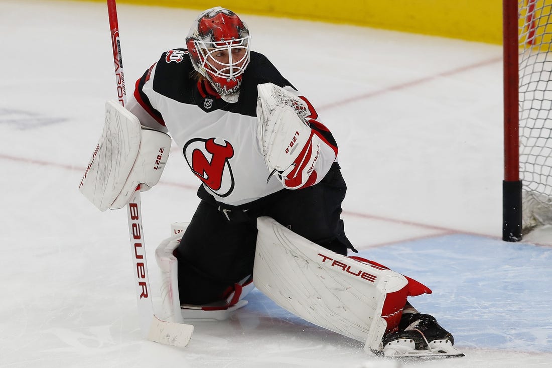 Nov 3, 2022; Edmonton, Alberta, CAN; New Jersey Devils goaltender MacKenzie Blackwood (29) makes a save during warmup against the Edmonton Oilers at Rogers Place. Mandatory Credit: Perry Nelson-USA TODAY Sports