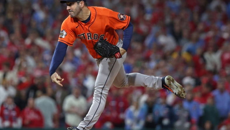 Nov 3, 2022; Philadelphia, Pennsylvania, USA; Houston Astros starting pitcher Justin Verlander (35) throws a pitch against the Philadelphia Phillies during the fourth inning in game five of the 2022 World Series at Citizens Bank Park. Mandatory Credit: Bill Streicher-USA TODAY Sports
