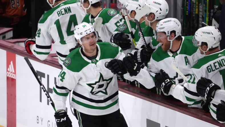 Nov 3, 2022; Tempe, Arizona, USA; Dallas Stars right wing Denis Gurianov (34) celebrates a goal against the Arizona Coyotes during the first period at Mullett Arena. Mandatory Credit: Joe Camporeale-USA TODAY Sports