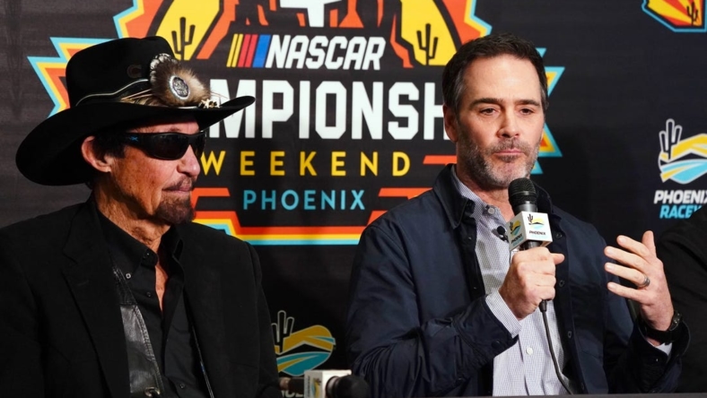 Nov 4, 2022; Avondale, Arizona, USA; Team owner Richard Petty in attendance with Jimmie Johnson as he talks with the media during a press conference at Phoenix Raceway. Jimmie Johnson finalized an ownership stake within the Petty GMS organization starting in 2023,  and Johnson will also drive in select races for the team starting at the Daytona 500. Mandatory Credit: John David Mercer-USA TODAY Sports