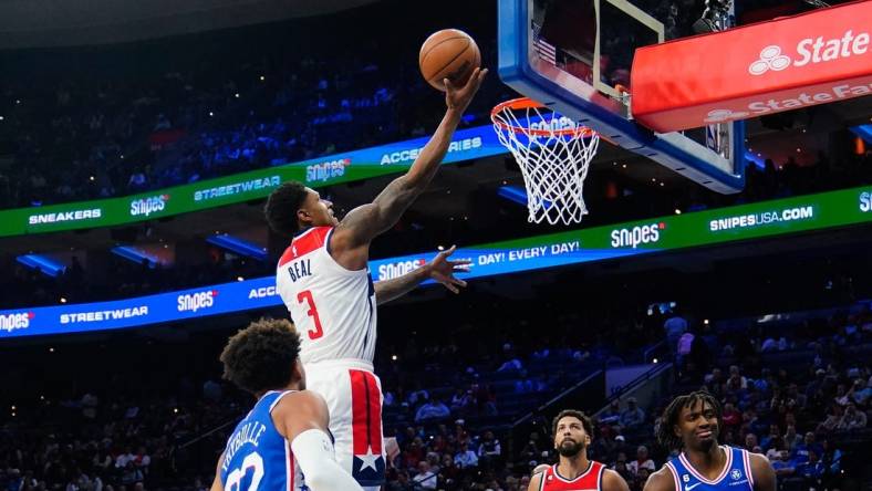 Nov 2, 2022; Philadelphia, Pennsylvania, USA; Washington Wizards shooting guard Bradley Beal (3) shoots a layup against the Philadelphia 76ers during the second quarter at Wells Fargo Center. Mandatory Credit: Gregory Fisher-USA TODAY Sports