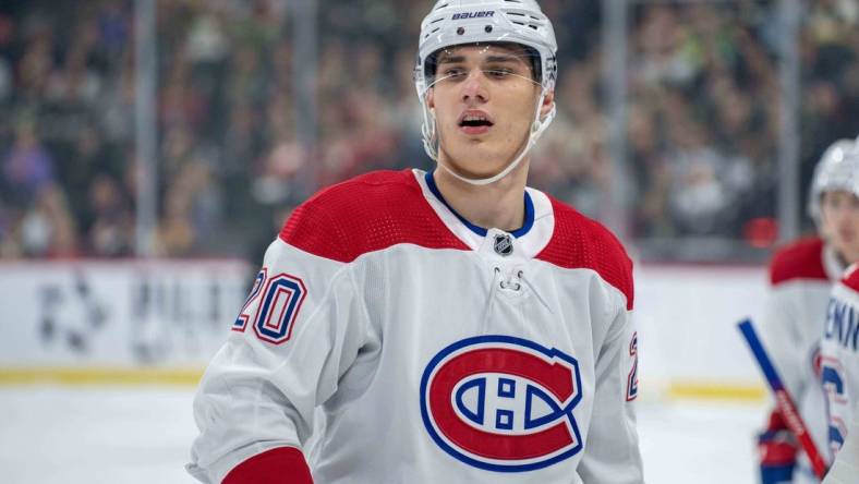 Nov 1, 2022; Saint Paul, Minnesota, USA; Montreal Canadiens left wing Juraj Slafkovsky (20) skates to the bench during the first period against the Minnesota Wild at Xcel Energy Center. Mandatory Credit: Matt Blewett-USA TODAY Sports