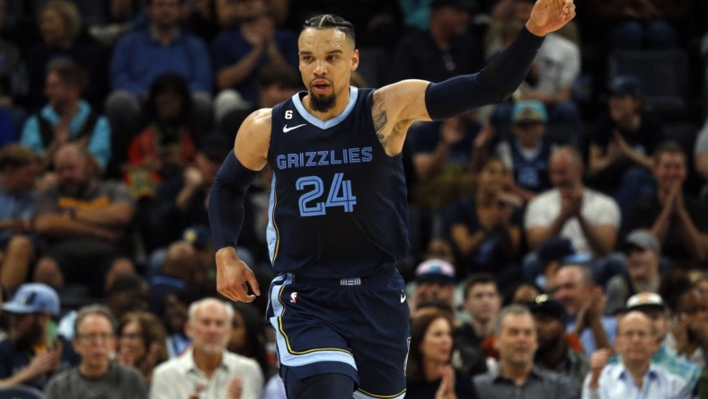 Nov 4, 2022; Memphis, Tennessee, USA; Memphis Grizzlies forward Dillon Brooks (24) reacts after a three point basket during the first half against the Charlotte Hornets at FedExForum. Mandatory Credit: Petre Thomas-USA TODAY Sports