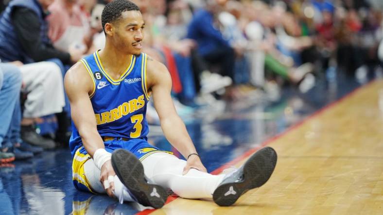 Nov 4, 2022; New Orleans, Louisiana, USA; Golden State Warriors guard Jordan Poole (3) reacts after a foul against the New Orleans Pelicans during the first quarter at Smoothie King Center. Mandatory Credit: Andrew Wevers-USA TODAY Sports