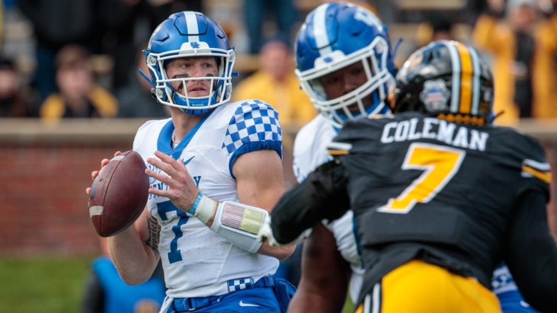 Nov 5, 2022; Columbia, Missouri, USA; Kentucky Wildcats quarterback Will Levis (7) looks to pass during the fourth quarter against the Missouri Tigers at Faurot Field at Memorial Stadium. Mandatory Credit: William Purnell-USA TODAY Sports