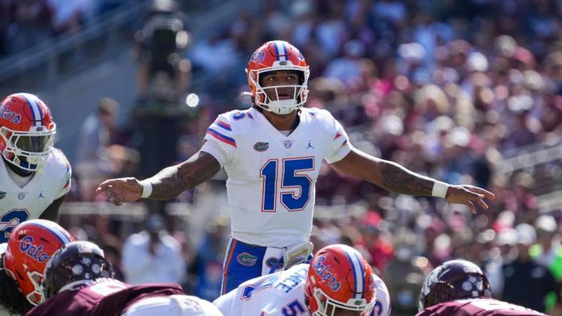 Nov 5, 2022; College Station, Texas, USA; Florida Gators quarterback Anthony Richardson (15) looks up in the second half against the Texas A&M Aggies at Kyle Field. Mandatory Credit: Daniel Dunn-USA TODAY Sports