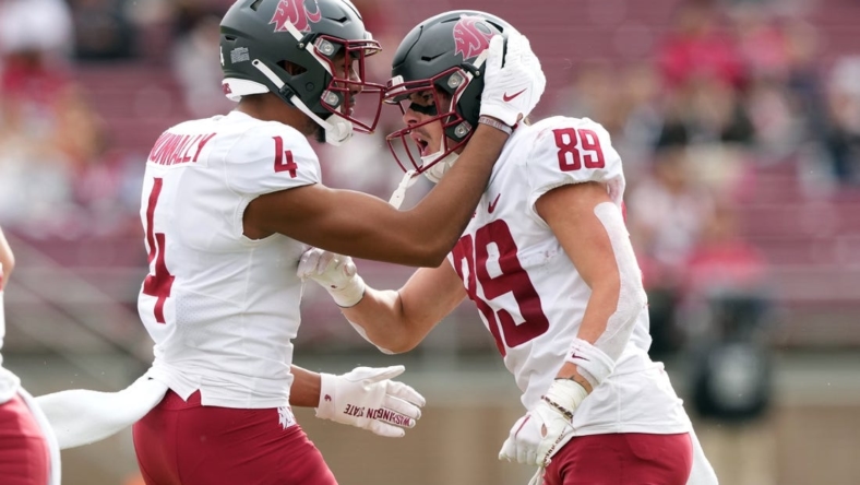 Nov 5, 2022; Stanford, California, USA; Washington State Cougars wide receiver Leyton Smithson (89) celebrates with wide receiver Tsion Nunnally (4) after scoring a touchdown against the Stanford Cardinal during the first quarter at Stanford Stadium. Mandatory Credit: Darren Yamashita-USA TODAY Sports