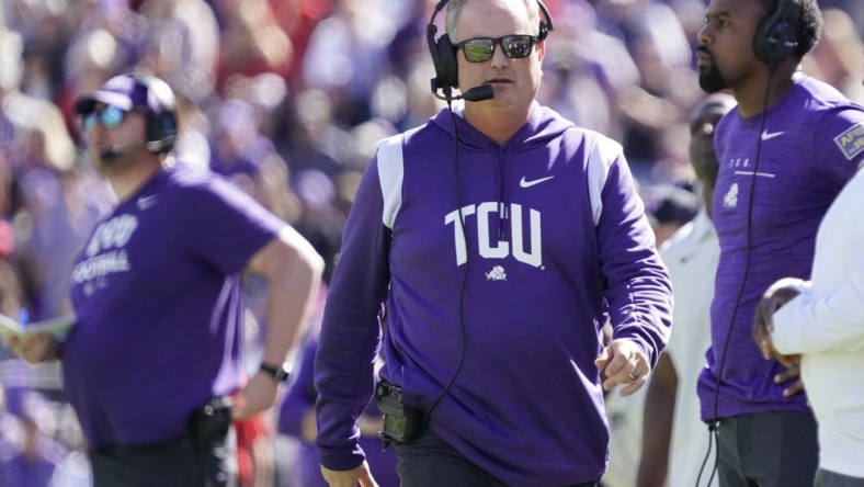 Nov 5, 2022; Fort Worth, Texas, USA; TCU Horned Frogs head coach Sonny Dykes walks on the sidelines during the second half of a game against the Texas Tech Red Raiders at Amon G. Carter Stadium. Mandatory Credit: Raymond Carlin III-USA TODAY Sports