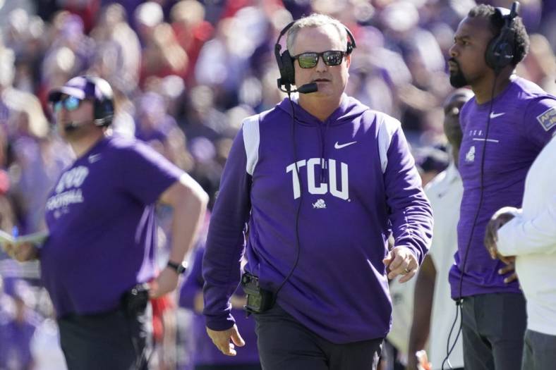 Nov 5, 2022; Fort Worth, Texas, USA; TCU Horned Frogs head coach Sonny Dykes walks on the sidelines during the second half of a game against the Texas Tech Red Raiders at Amon G. Carter Stadium. Mandatory Credit: Raymond Carlin III-USA TODAY Sports