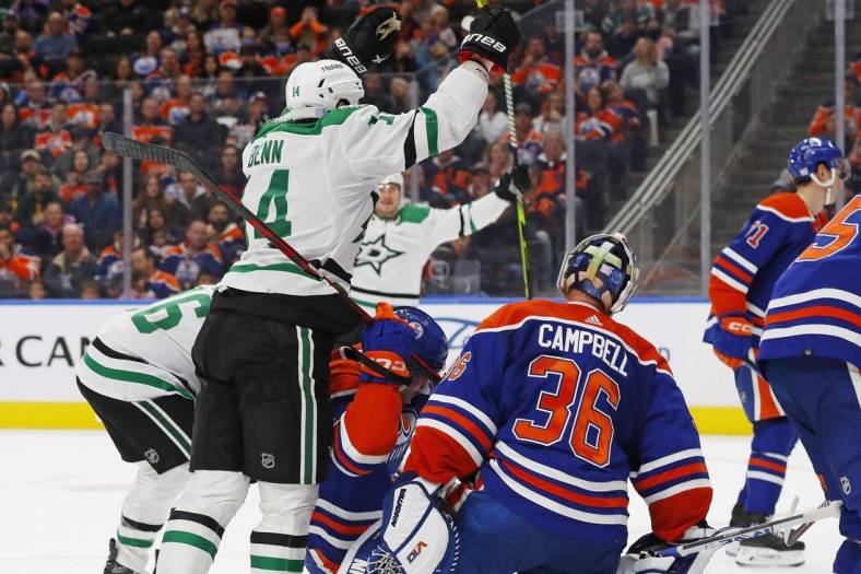 Nov 5, 2022; Edmonton, Alberta, CAN; Dallas Stars forward Jamie Benn (14) celebrates his goal  during the second period against the Edmonton Oilers at Rogers Place. Mandatory Credit: Perry Nelson-USA TODAY Sports