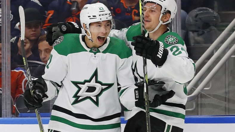 Nov 5, 2022; Edmonton, Alberta, CAN; The Dallas Stars celebrate a goal by forward Jason Robertson (21) during the second period against the Edmonton Oilers at Rogers Place. Mandatory Credit: Perry Nelson-USA TODAY Sports