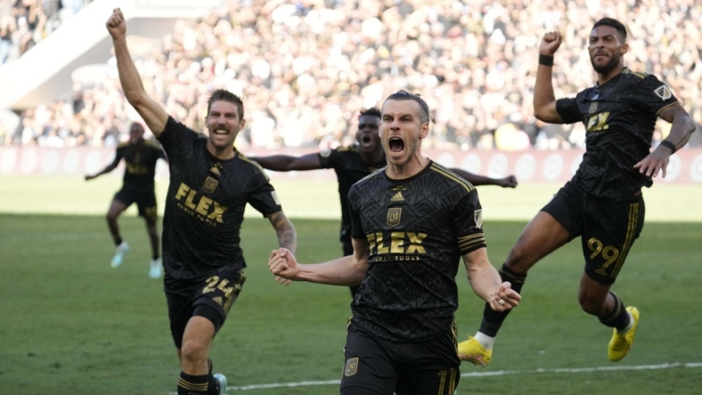 Nov 5, 2022; Los Angeles, CA, USA; Los Angeles FC forward Gareth Bale (11) celebrates after scoring a goal against the Philadelphia Union during extra time in the 2022 MLS Cup championship game at Banc of California Stadium. Mandatory Credit: Robert Hanashiro-USA TODAY Sports