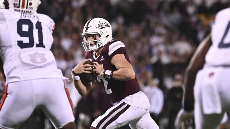 Nov 5, 2022; Starkville, Mississippi, USA; Mississippi State Bulldogs quarterback Will Rogers (2) runs the ball against the Auburn Tigers during the first quarter at Davis Wade Stadium at Scott Field. Mandatory Credit: Matt Bush-USA TODAY Sports