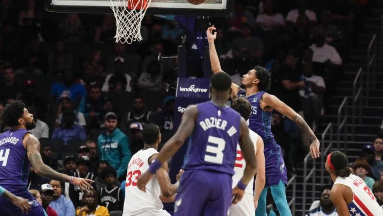 Nov 5, 2022; Charlotte, North Carolina, USA; Charlotte Hornets guard James Bouknight (2) goes to the basket against the Brooklyn Nets during the second quarter at Spectrum Center. Mandatory Credit: Jim Dedmon-USA TODAY Sports