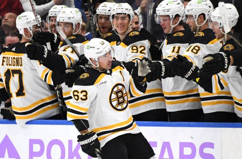 Nov 5, 2022; Toronto, Ontario, CAN; Boston Bruins forward Brad Marchand (63) celebrates with teammates after scoring on a penalty shot against the Toronto Maple Leafs in the second period at Scotiabank Arena. Mandatory Credit: Dan Hamilton-USA TODAY Sports