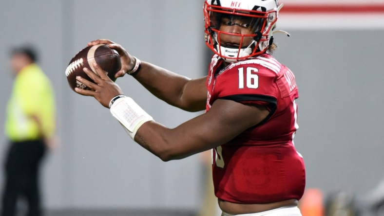 Nov 5, 2022; Raleigh, North Carolina, USA; North Carolina State Wolfpack quarterback MJ Morris (16) throws a pass during the first half against the Wake Forest Demon Deacons at Carter-Finley Stadium. Mandatory Credit: Rob Kinnan-USA TODAY Sports