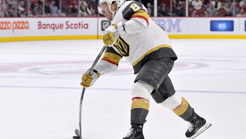 Nov 5, 2022; Montreal, Quebec, CAN; Vegas Golden Knights forward Jonathan Marchessault (81) shoots the puck during the third period of the game against the Montreal Canadiens at the Bell Centre. Mandatory Credit: Eric Bolte-USA TODAY Sports
