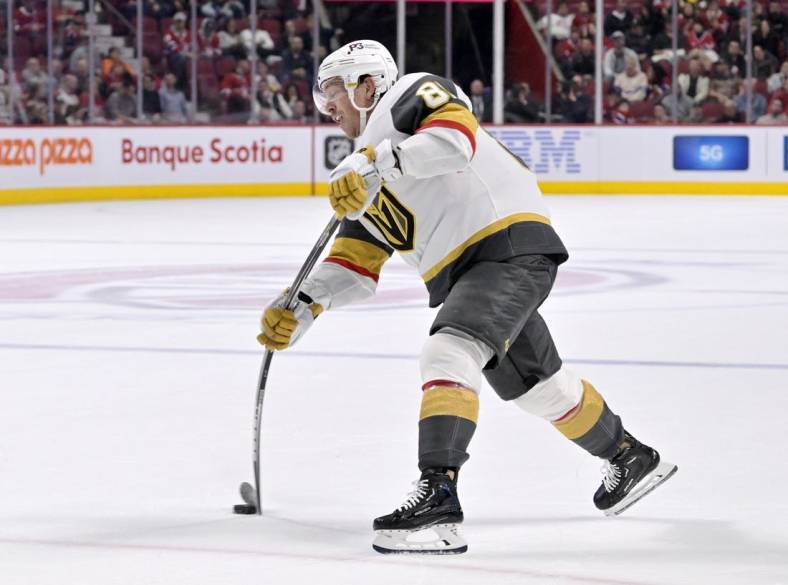 Nov 5, 2022; Montreal, Quebec, CAN; Vegas Golden Knights forward Jonathan Marchessault (81) shoots the puck during the third period of the game against the Montreal Canadiens at the Bell Centre. Mandatory Credit: Eric Bolte-USA TODAY Sports