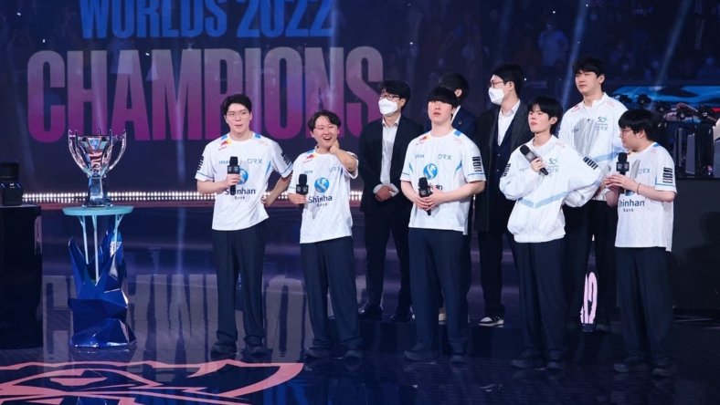 Nov 5, 2022; San Francisco, California, USA; DRX players on stage after winning the League of Legends World Championships against T1 at Chase Center. Mandatory Credit: Kelley L Cox-USA TODAY Sports