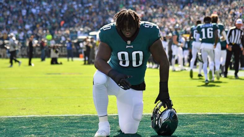 Oct 30, 2022; Philadelphia, Pennsylvania, USA; Philadelphia Eagles defensive tackle Jordan Davis (90) before the start of game against the Pittsburgh Steelers at Lincoln Financial Field. Mandatory Credit: Eric Hartline-USA TODAY Sports