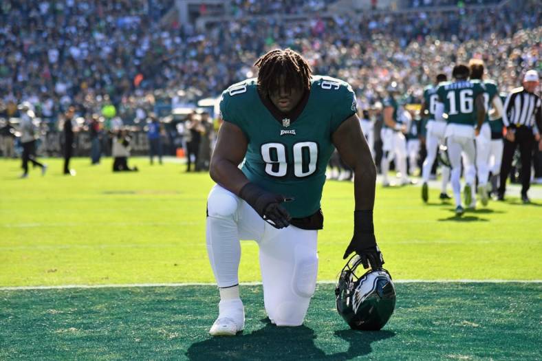 Oct 30, 2022; Philadelphia, Pennsylvania, USA; Philadelphia Eagles defensive tackle Jordan Davis (90) before the start of game against the Pittsburgh Steelers at Lincoln Financial Field. Mandatory Credit: Eric Hartline-USA TODAY Sports