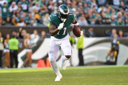 Oct 30, 2022; Philadelphia, Pennsylvania, USA; Philadelphia Eagles wide receiver A.J. Brown (11) runs with football after making a catch against the Pittsburgh Steelers at Lincoln Financial Field. Mandatory Credit: Eric Hartline-USA TODAY Sports