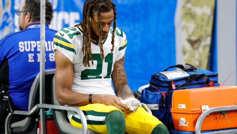Green Bay Packers cornerback Eric Stokes (21) is carted off the field during the first half against Detroit Lions at Ford Field, Nov. 6, 2022.

Nfl Green Bay Packers At Detroit Lions