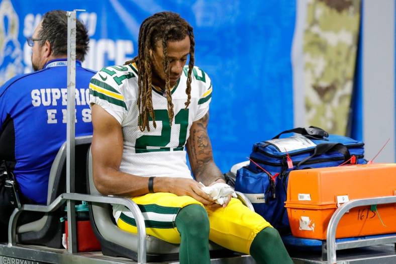 Green Bay Packers cornerback Eric Stokes (21) is carted off the field during the first half against Detroit Lions at Ford Field, Nov. 6, 2022.

Nfl Green Bay Packers At Detroit Lions