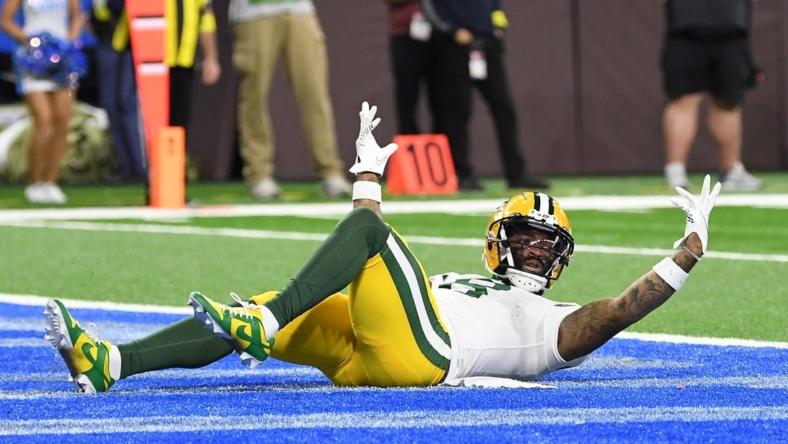 Nov 6, 2022; Detroit, Michigan, USA;  Green Bay Packers wide receiver Amari Rodgers (8) looks for a pass interference call after he had a pass broken up by Detroit Lions safety C.J. Moore (38) (not pictured) late in the fourth  quarter at Ford Field. Mandatory Credit: Lon Horwedel-USA TODAY Sports