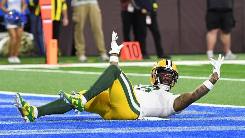 Nov 6, 2022; Detroit, Michigan, USA;  Green Bay Packers wide receiver Amari Rodgers (8) looks for a pass interference call after he had a pass broken up by Detroit Lions safety C.J. Moore (38) (not pictured) late in the fourth  quarter at Ford Field. Mandatory Credit: Lon Horwedel-USA TODAY Sports