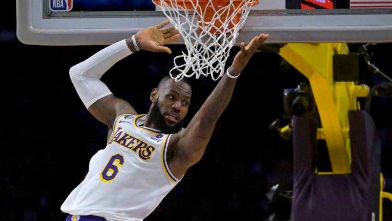 Nov 6, 2022; Los Angeles, California, USA;  Los Angeles Lakers forward LeBron James (6) reacts after missing a dunk in the first half against the Cleveland Cavaliers at Crypto.com Arena. Mandatory Credit: Jayne Kamin-Oncea-USA TODAY Sports