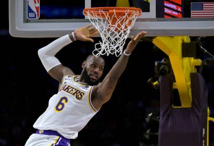 Nov 6, 2022; Los Angeles, California, USA;  Los Angeles Lakers forward LeBron James (6) reacts after missing a dunk in the first half against the Cleveland Cavaliers at Crypto.com Arena. Mandatory Credit: Jayne Kamin-Oncea-USA TODAY Sports