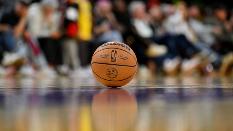 Nov 6, 2022; Los Angeles, California, USA; Detailed view of and NBA basketball on the court during the game between the Los Angeles Lakers and the Cleveland Cavaliers at Crypto.com Arena. Mandatory Credit: Jayne Kamin-Oncea-USA TODAY Sports