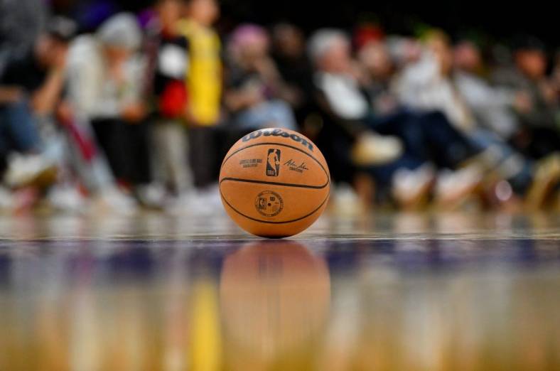 Nov 6, 2022; Los Angeles, California, USA; Detailed view of and NBA basketball on the court during the game between the Los Angeles Lakers and the Cleveland Cavaliers at Crypto.com Arena. Mandatory Credit: Jayne Kamin-Oncea-USA TODAY Sports