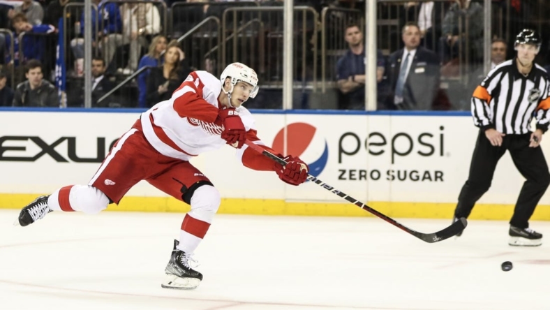 Nov 6, 2022; New York, New York, USA;  Detroit Red Wings left wing Dominik Kubalik (81) attempts a shot on goal on a breakaway in the third period against the New York Rangers at Madison Square Garden. Mandatory Credit: Wendell Cruz-USA TODAY Sports