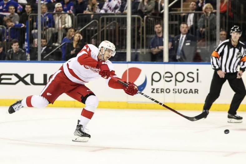 Nov 6, 2022; New York, New York, USA;  Detroit Red Wings left wing Dominik Kubalik (81) attempts a shot on goal on a breakaway in the third period against the New York Rangers at Madison Square Garden. Mandatory Credit: Wendell Cruz-USA TODAY Sports