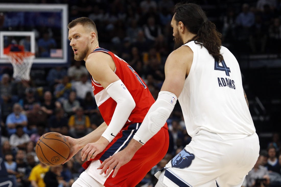 Nov 6, 2022; Memphis, Tennessee, USA; Washington Wizards center Kristaps Porzingis (6) passes the ball as Memphis Grizzlies center Steven Adams (4) defends during the second half at FedExForum. Mandatory Credit: Petre Thomas-USA TODAY Sports