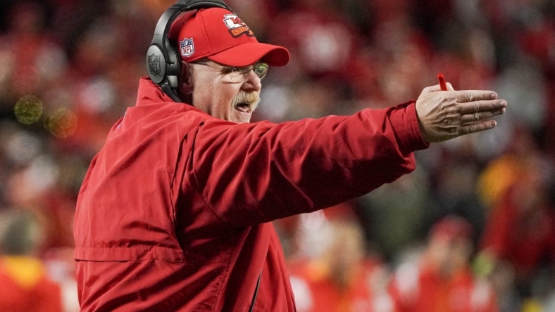 Nov 6, 2022; Kansas City, Missouri, USA; Kansas City Chiefs head coach Andy Reid gestures on the sidelines against the Tennessee Titans during the second half of the game at GEHA Field at Arrowhead Stadium. Mandatory Credit: Denny Medley-USA TODAY Sports