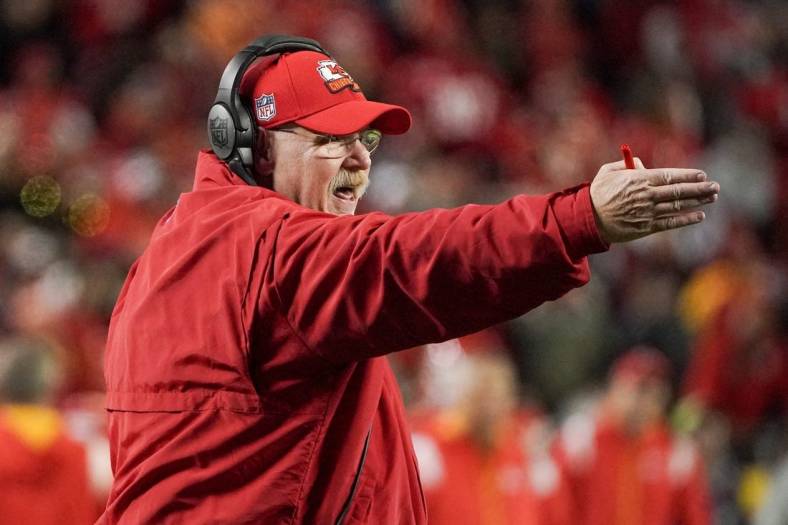 Nov 6, 2022; Kansas City, Missouri, USA; Kansas City Chiefs head coach Andy Reid gestures on the sidelines against the Tennessee Titans during the second half of the game at GEHA Field at Arrowhead Stadium. Mandatory Credit: Denny Medley-USA TODAY Sports