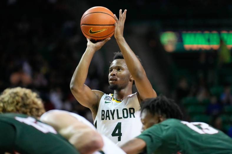 Nov 7, 2022; Waco, Texas, USA; Baylor Bears guard LJ Cryer (4) makes a free throw against the Mississippi Valley State Delta Devils during the first half at Ferrell Center. Mandatory Credit: Chris Jones-USA TODAY Sports